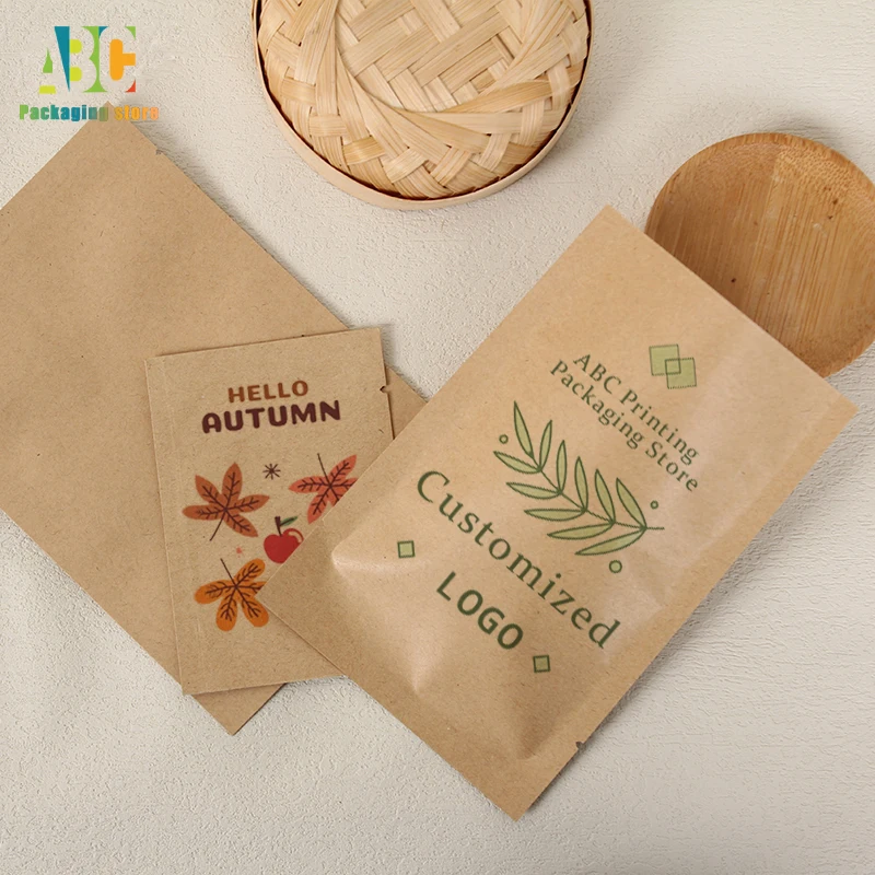 Kraft Paper Flat Bottom Bag, Custom Printed, Sugar Tea, Nut Sample Packaging Pouch, Hot Selling