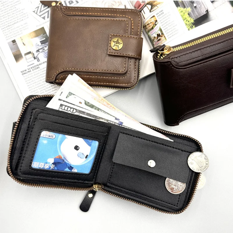 Vintage Men Wallet PU Leather Short Purse Men Hasp Zipper Clutch Solid Color Wallets High Quality Durable Convenient Wallets