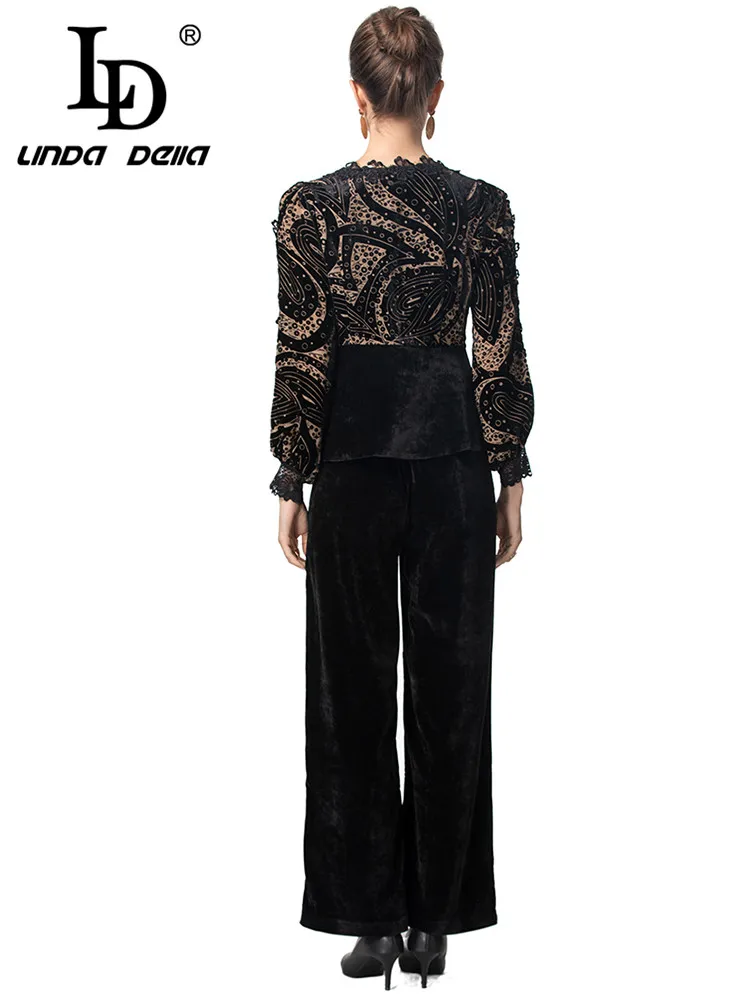 LD LINDA DELLA Autumn and Winter Women\'s Suit Lace Splicing Lantern Sleeved Top+Wide leg pants Black/Red High Street 2 piece set