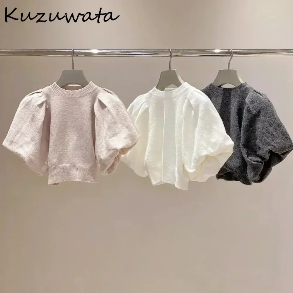 Kuzuwata Temperament O Neck Puff Sleeve Sweet Jumper All-match Knit Casual Patchwork Pullover Japan Moda Solid Elegant Knitted