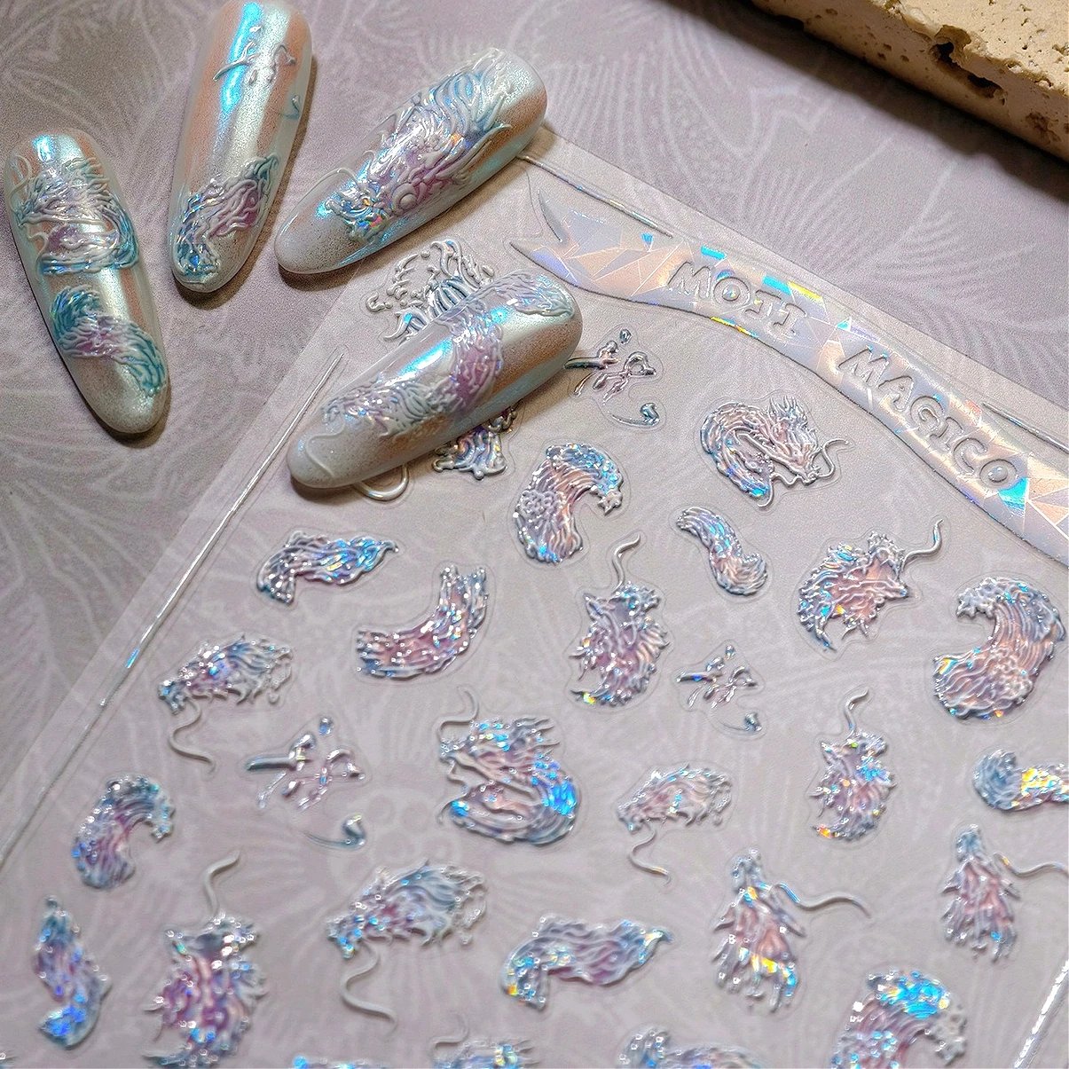 

Retro Lifelike Dragon Red Pink Blue White Vivid Porcelain Chinese 3D Embossed Shiny Adhesive Nail Art Stickers Manicure Decals