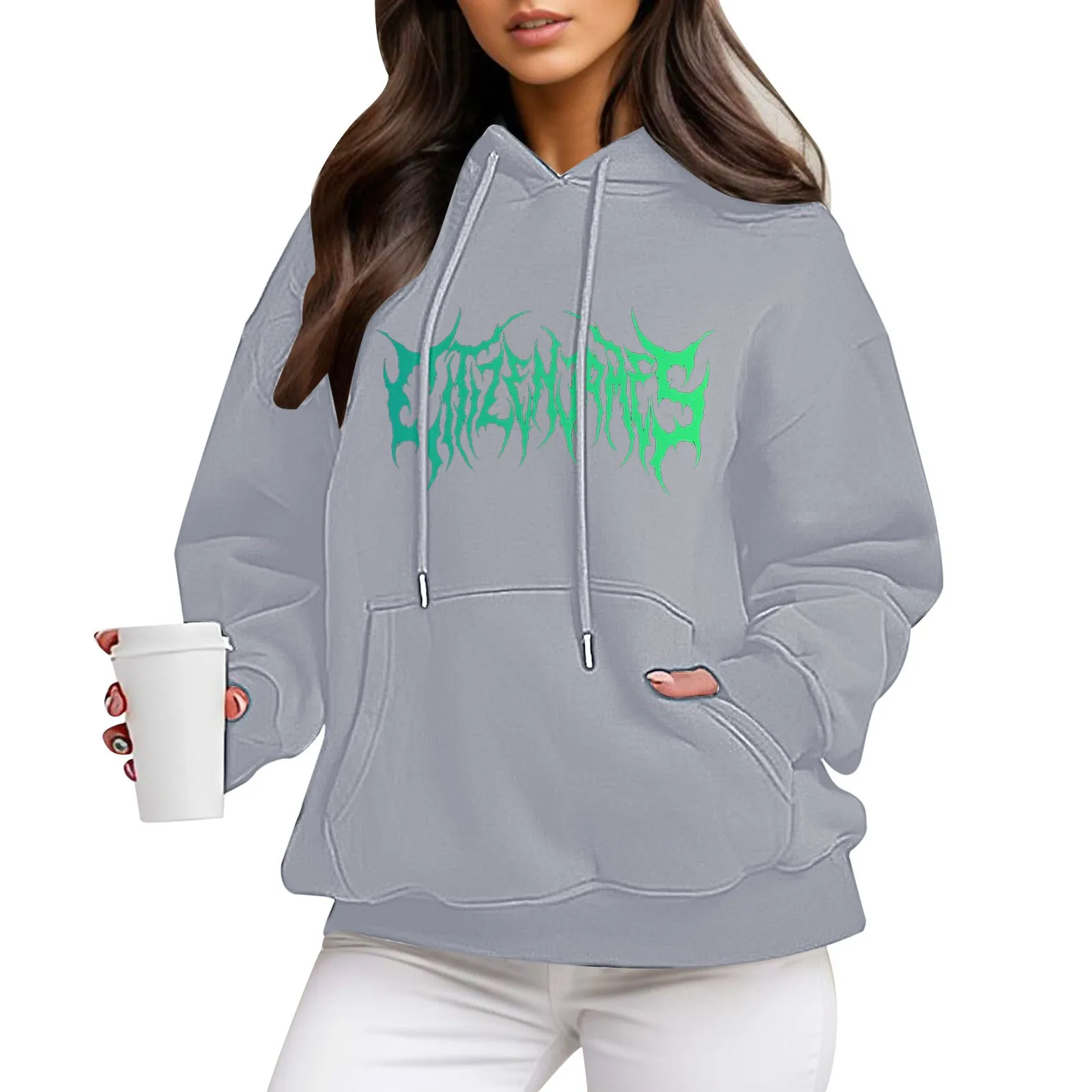 Sudadera con capucha holgada para mujer, ropa con estampado de letras, bolsillos góticos, estilo Harajuku, con cordón, para ocio, a la moda, de gran tamaño