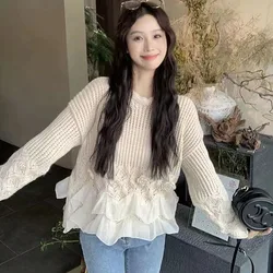 Autumn 2024 Korea Fashion Chic Soft Women Sweater New Loose Thin Ruffle Top Women's Versatile Knit Jumper O-neck Female Pullover
