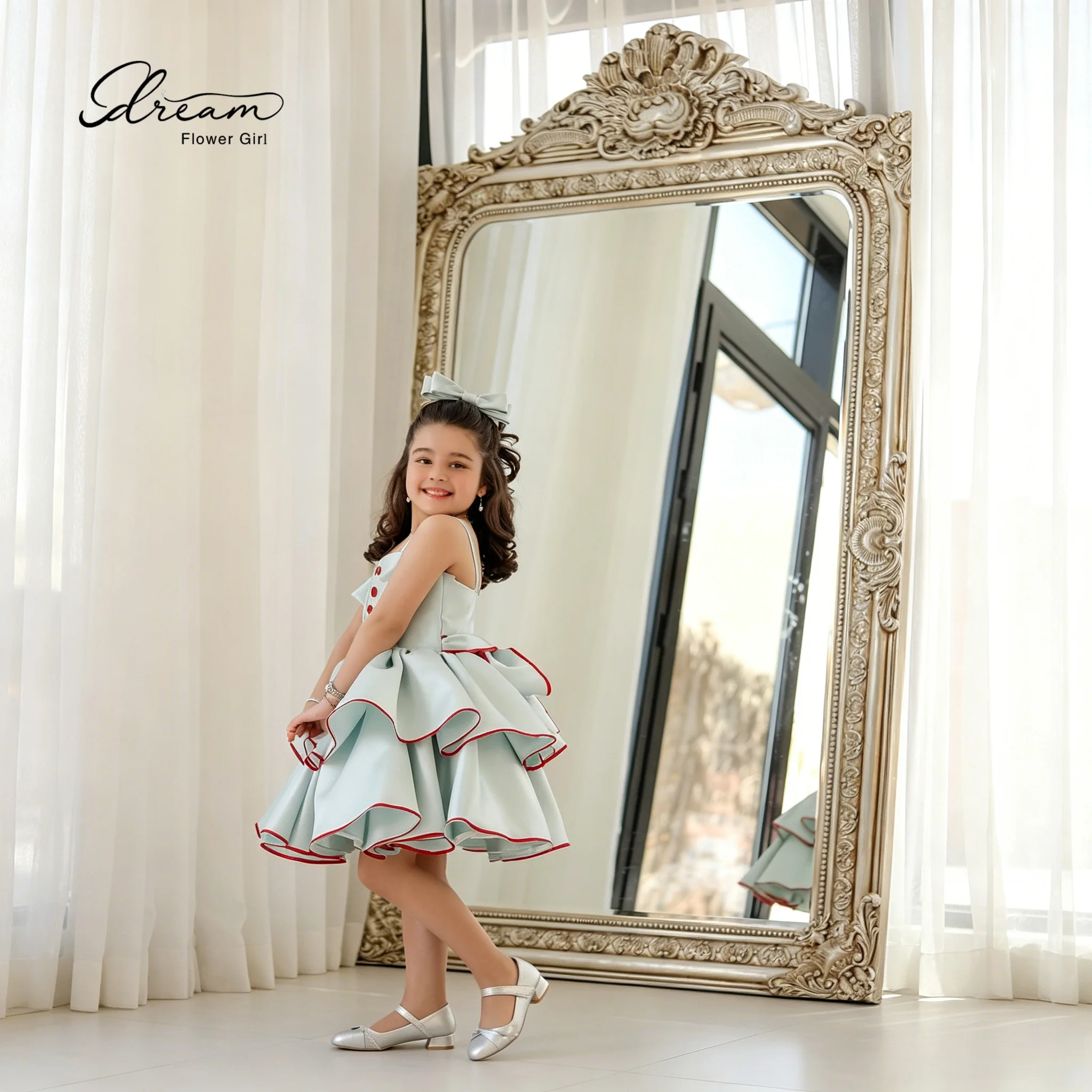 Adorable flower girl strapless blue satin sleeveless knee-length cake dress evening gown