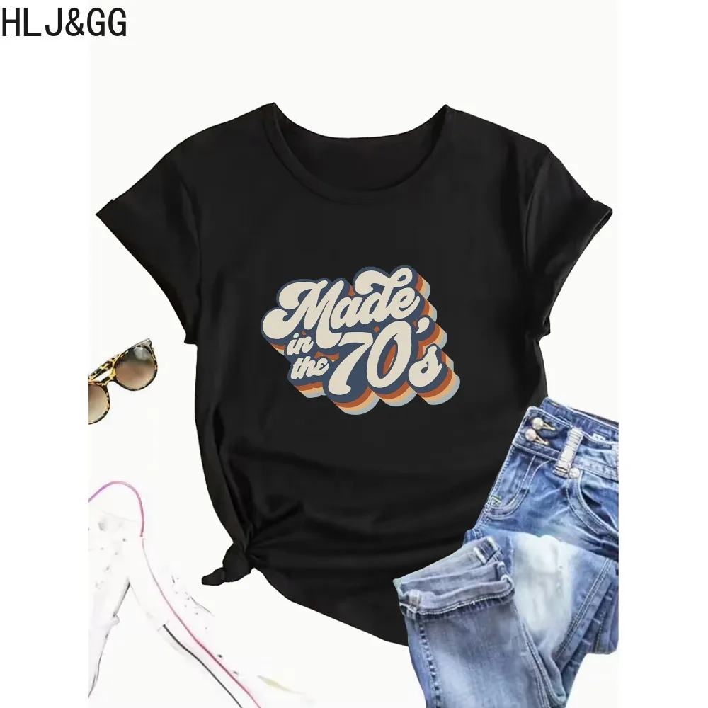 

HLJ&GG Black Fashion Letter Print Matching Streetwear Women Round Neck Short Sleeve Slim Tshirts Casual Female Sporty Tops 2024