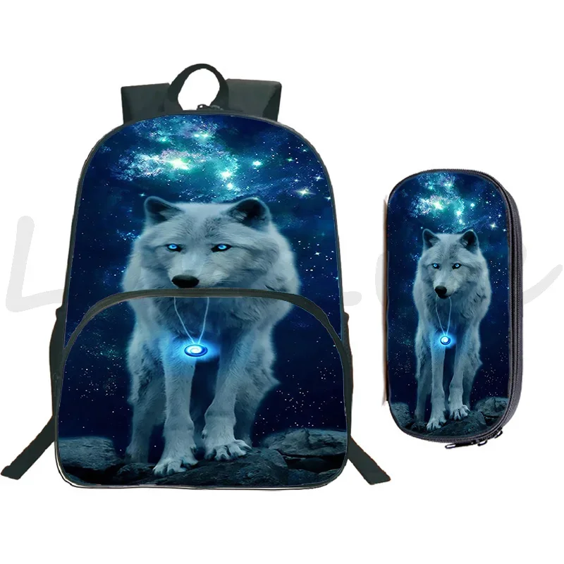 Mochila con estampado de Lobo y Animal para niños y niñas, Juego de 2 piezas con bolsa para bolígrafos, mochilas escolares de gran capacidad, mochila de viaje para ordenador portátil