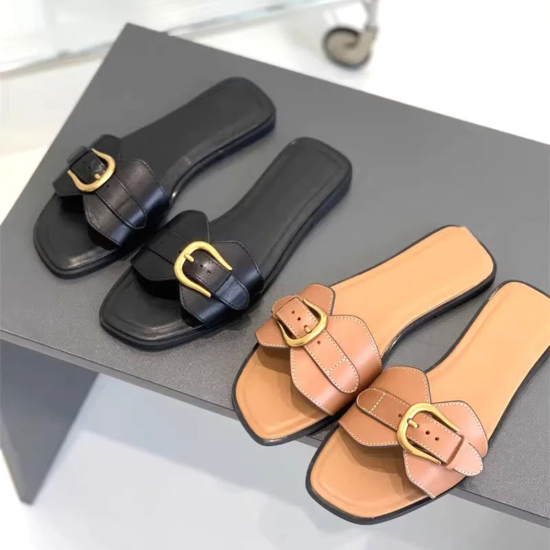 

Lether Open Toe Casual Slippers Outdoor Wear Design Belt Buckle Flat Sandals Simple Women Shoes Sandalias Mujer Verano