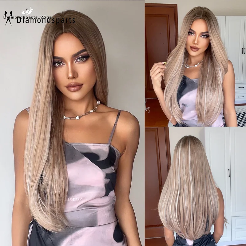 

Honey Brown Mixed Blonde Synthetic Long Straight 26 Inch Wigs Daily Cosplay