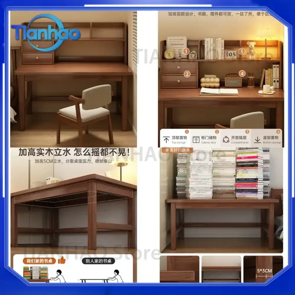 Solid Wood Desk for Home Student Study Writing Table with Built-in Bookshelf Bedroom Computer Desk Office Desk