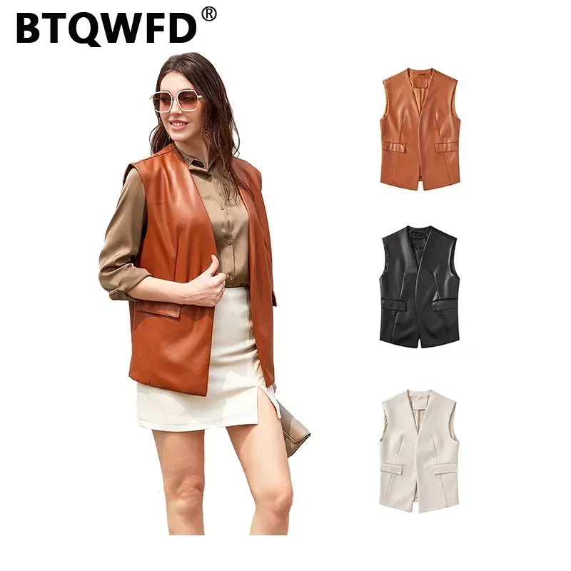 BTQWFD Women\'s Vest Faux Leather Sleeveless Jackets Loose Motorcycles Biker Female Tops 2024 Spring New Korean Fashion Clothing