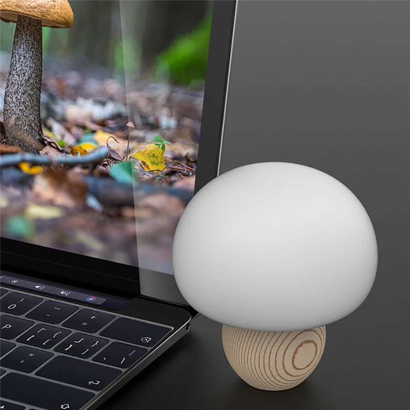 Silicone LED Night Lamp Brightness Adjustable Mushroom Pat Switch Wooden Base Timing LED Night Light For Children\'s Gift