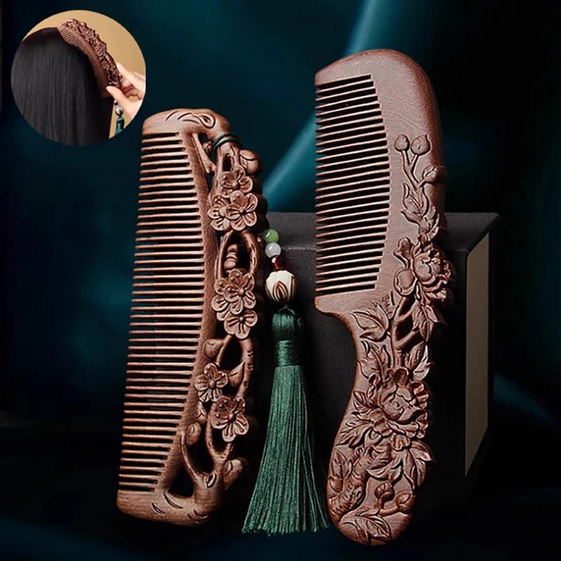 New Natural Sandalwood Combs Solid Wood Exquisite Carving Lotus Comb Anti-Static Beard Comb Handicraft Hair Styling Gift's Gift