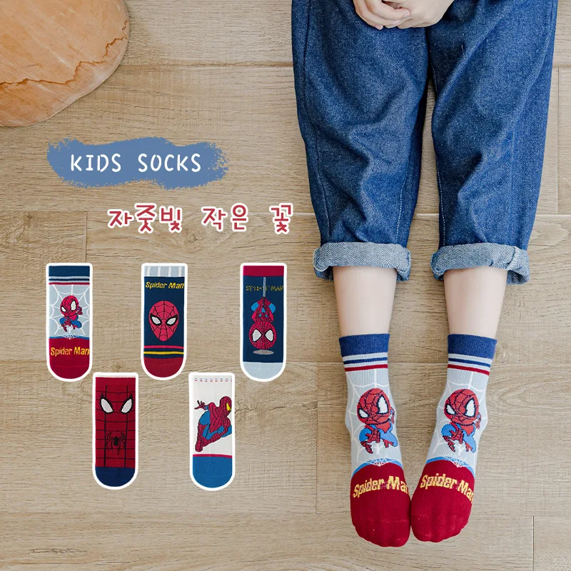 

5 Pairs Marvel Kids Socks Spider-Man Kawaii New Fall Winter Cartoon Boy Children Mid-calf Socks Cotton Sock for Boys Gifts