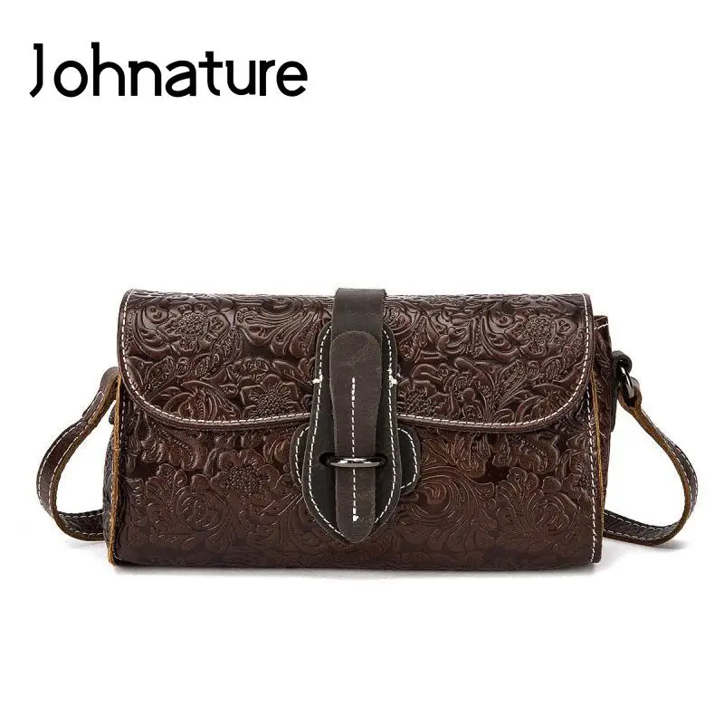 

Johnature Retro Embossed Women Bag 2024 New Genuine Leather Shoulder Bags Versatile Leisure Nature Cowhide Small Crossbody Bags