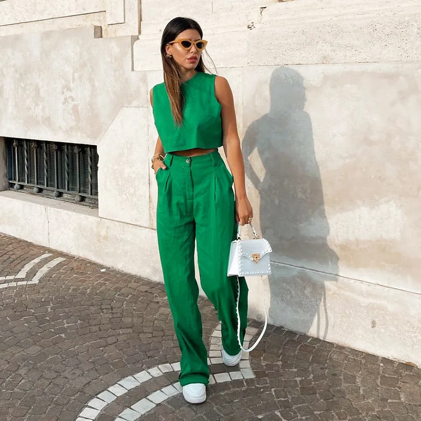 

2024 Spring 2 Pieces Set Women Streetwear Cotton Linen Wide Leg Pants Suits Crop Top O-Neck Tank Casual Elastic Waist Pants Set