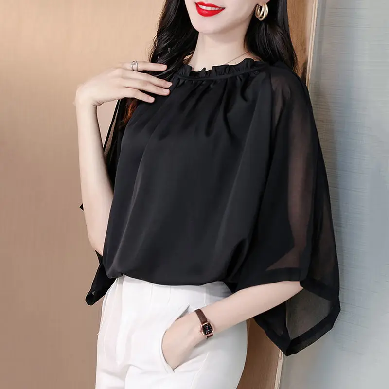 Elegant Ruffled Neck Solid Color Folds Batwing Sleeve Oversized Chiffon Shirt Summer Casual Tops Loose Commute Women's Blouse