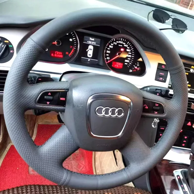 Hand Stitched Blue Leather Steering Wheel Cover for Audi A3 A4 B8 A6 C6 A8 A8L 2006-2010 Q5 Q7 S8 2007-2011Car Steering Wrap