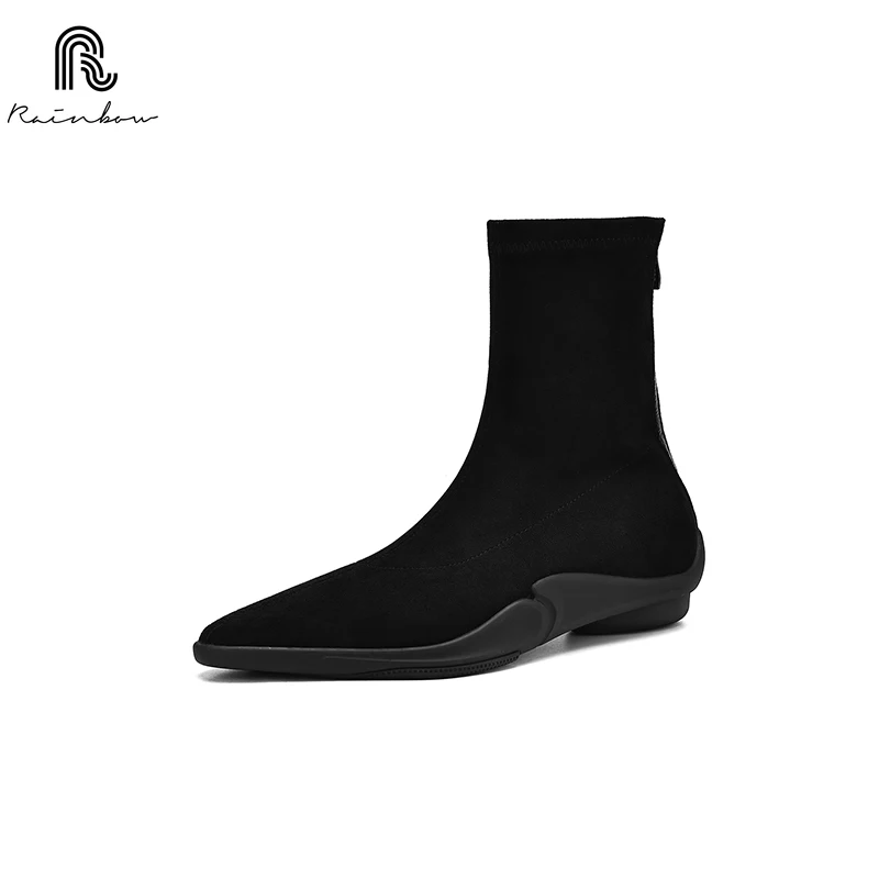 

RAINBOW 34-41 Women Leather Autumn Winter Head Suede Ankle Boots Zippers Black brown no With Fur pointed toe new comfortable