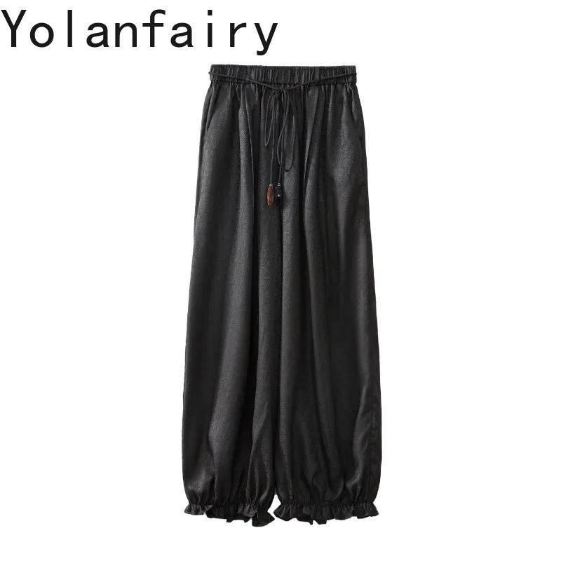 YOLANFAIRY Women Summer Elastic Waist Bloom Harem Pants 100% Mulberry Silk Hualuo Jacquard Loose Wide Leg Silk Pants Trousers