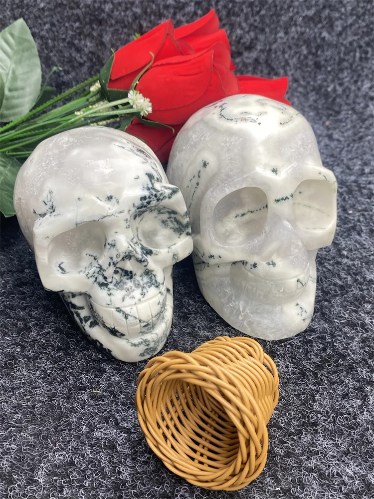 Natural Aquatic Agate Head Carving Skull Home Decor Room Decorate Decoration Maison Witchcraft Crafts Holiday Gifts Halloween