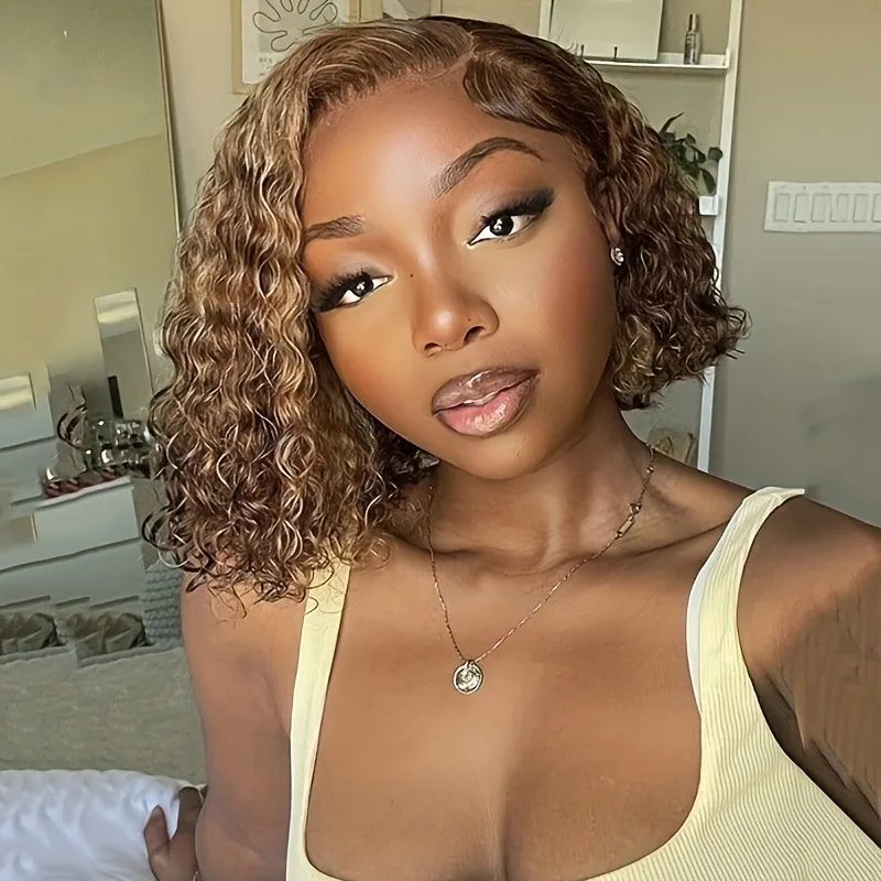 Pelucas delanteras de encaje resaltadas 4/27, cabello humano prearrancado, nudos blanqueados, 200 de densidad, 13x4 HD, ombré, rubio miel, cabello humano ondulado profundo