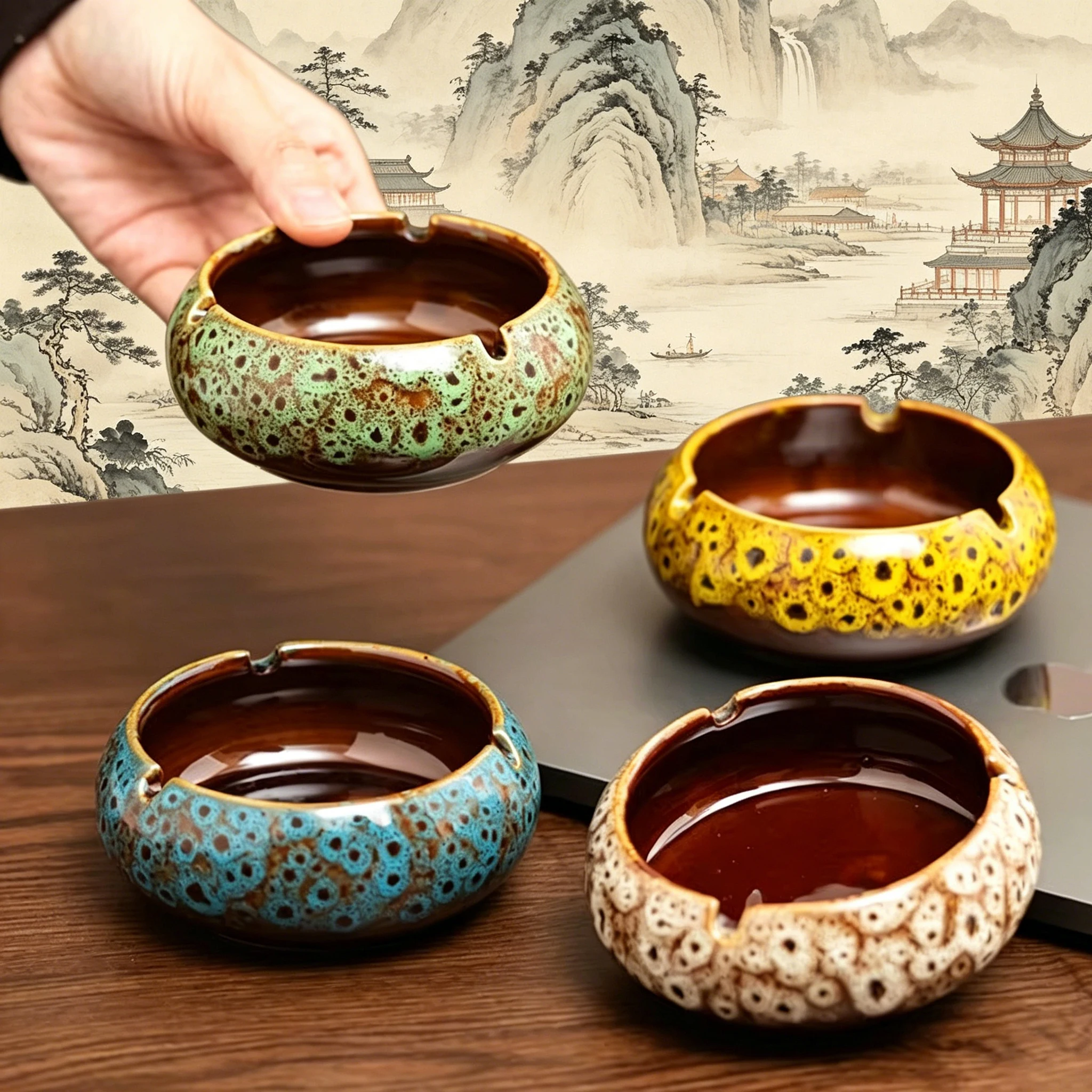 Kiln-changing Ceramic Ashtray Creative High-end Luxury Living Room Retro Windproof Storage Box Office Hotel Household Ashtray