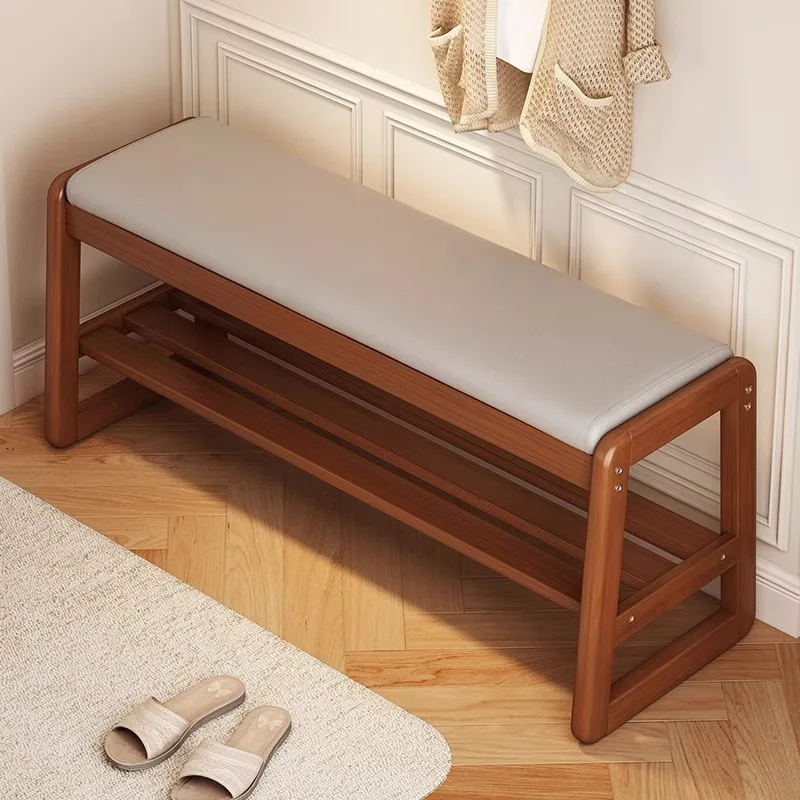Shoe changing stool, solid wood leather cushion,doorstep shoe rack, multi-layer storage rack,household entrance door stool,bench