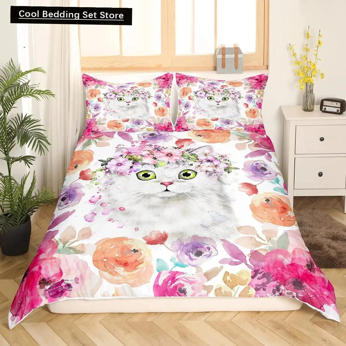 

White Cat Flower King Queen Duvet Cover Kitten Bedding Set Pet Animal Polyester Quilt Cover Girls Pink Floral Comforter Cover