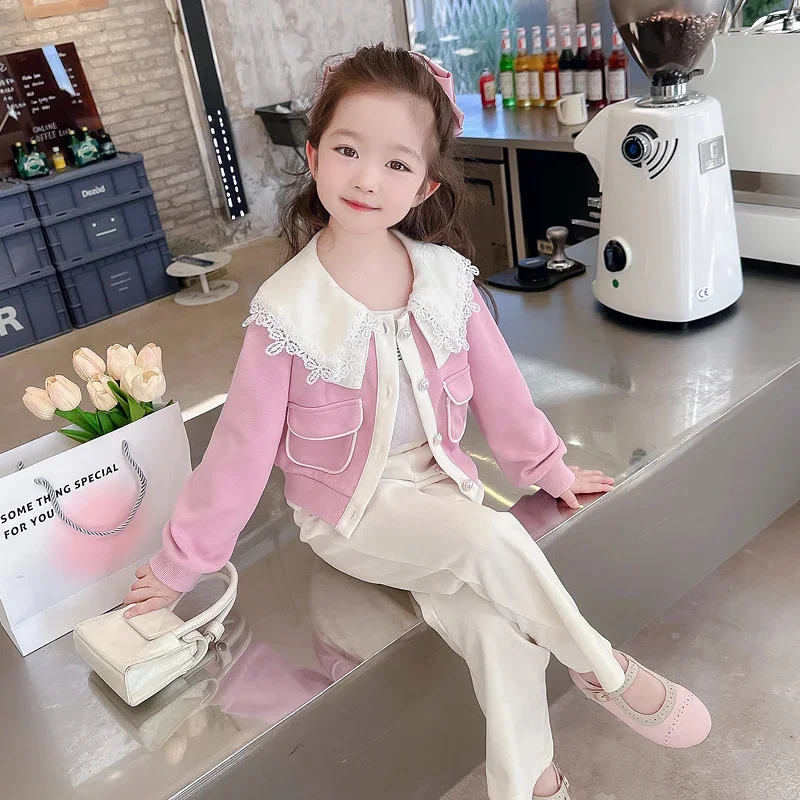 Eleganter Stil Kinder bekleidung Sets für Mädchen Spitze Jacke Hosen 2 Stück Anzug Frühling Kinder Kleidung Outfits Baby lässige Trainings anzüge