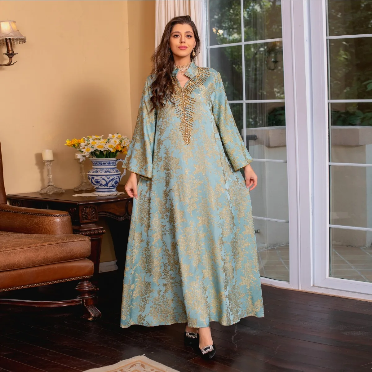 Ramadan Muslim Evening Gown Embroidery Beading Dresses Eid Fashion Casual Abaya Dubai Jalabiyat Gulf Bindalli for Women Robe New