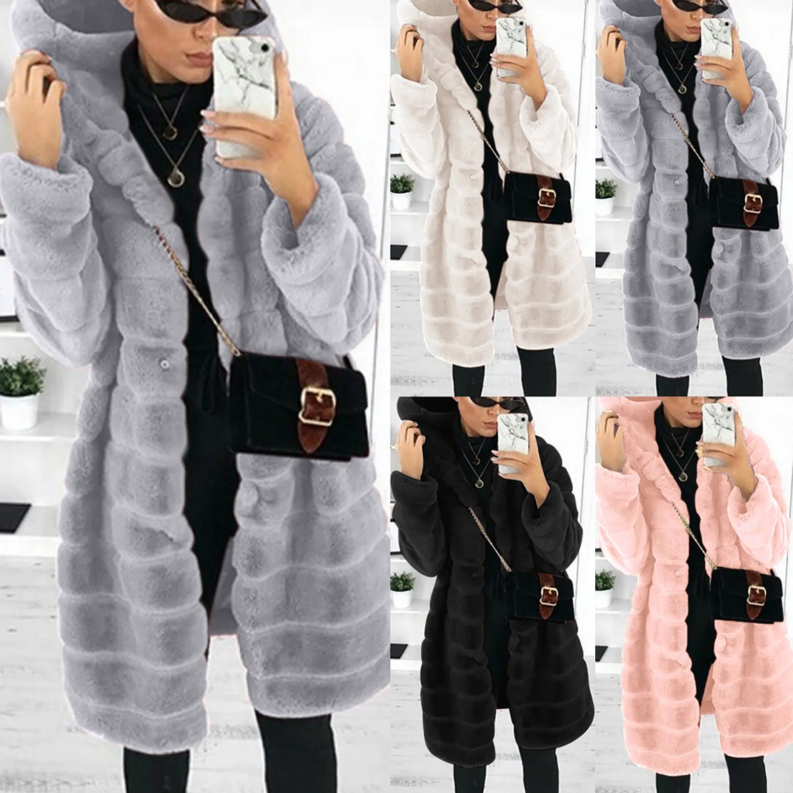 2024 Autumn Winter Women Faux Fur Coat Casual Thick Warm Faux Mink Fur Collar Slim Solid Color Outwear Long Jackets 4xl Femme