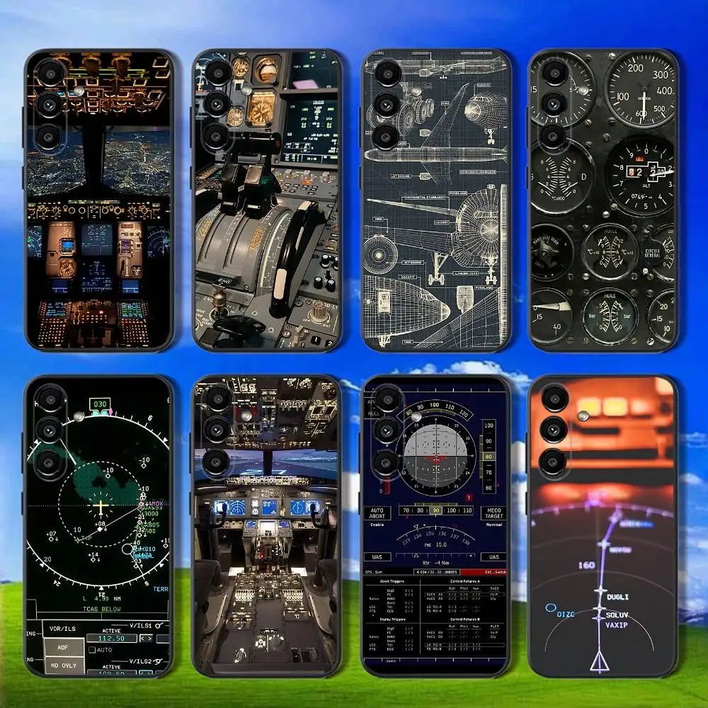 電話ケース サムスンギャラクシー A13、A21s、A22、A31、A32、A52、A53、A71、A80、飛行機パイロットコックピットソフトブラックシェル用