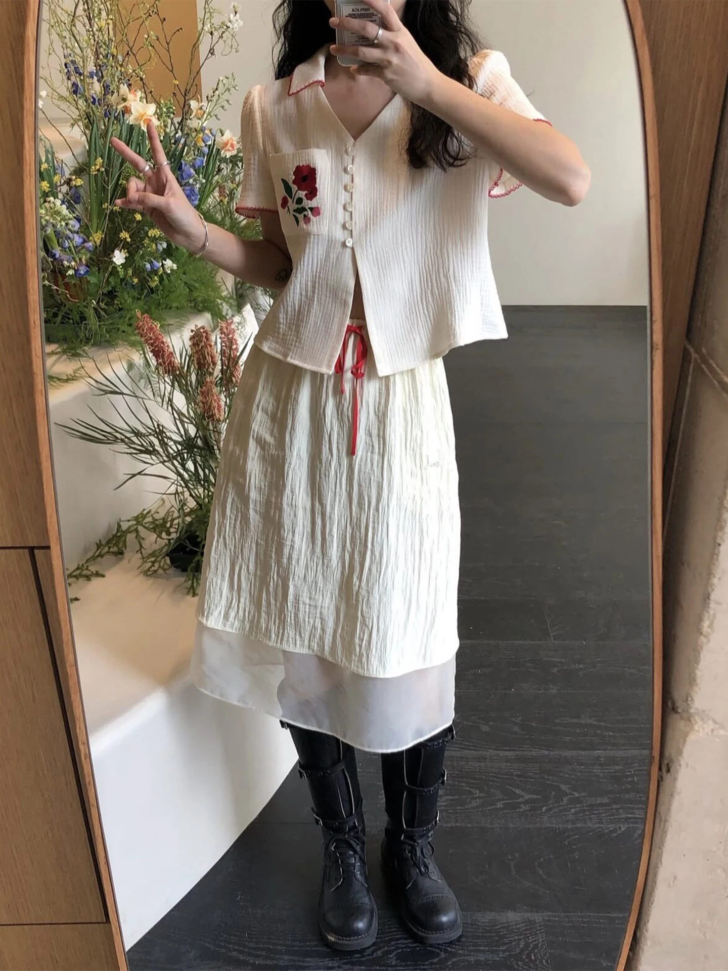 Romantic Floral Embroidery Short Sleeve Shirt And High Waist Mesh Half Skirt Two Piece Set Women's Summer Fashion Outfit