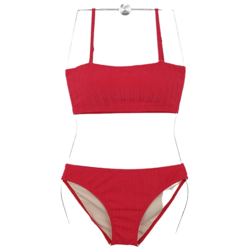 Women Split Bikini Two-Piece Suits Solid Red Sling Swimsuit Sexy Slimming Triangle Mid Waist Split Three Pieces Beach Swimwear