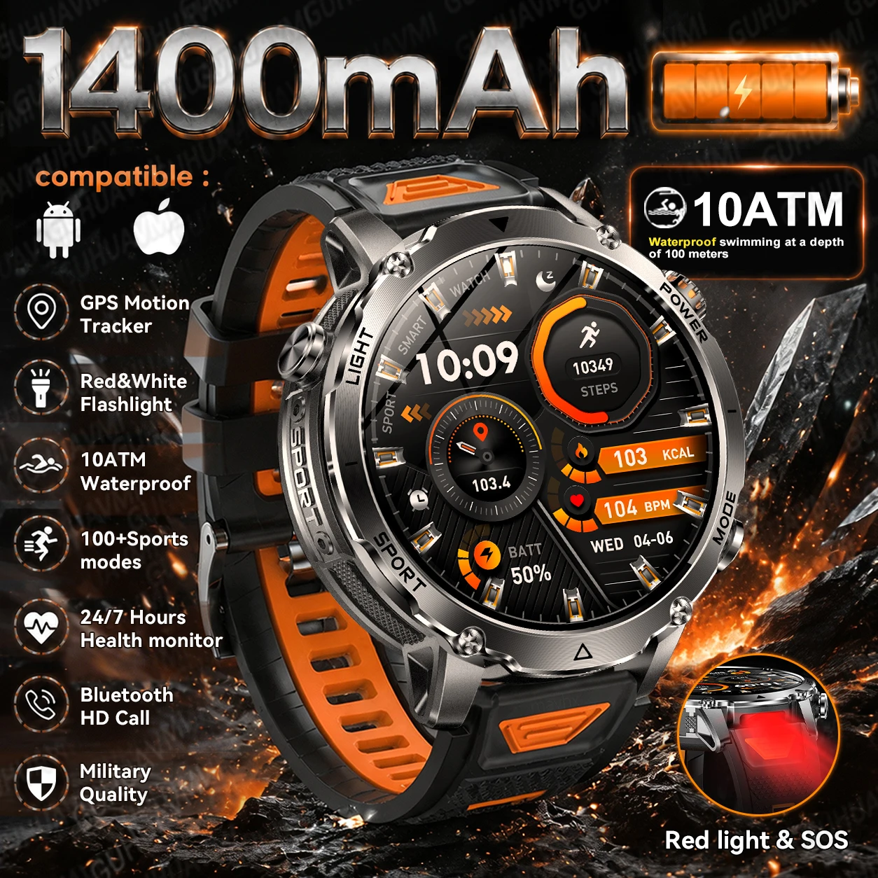 2026New 1400mAh Military Smart Watch Men 10ATM Swim 1.7“ Large Screen GPS Motion Track Bluetooth Call Heart Rate For Android IOS