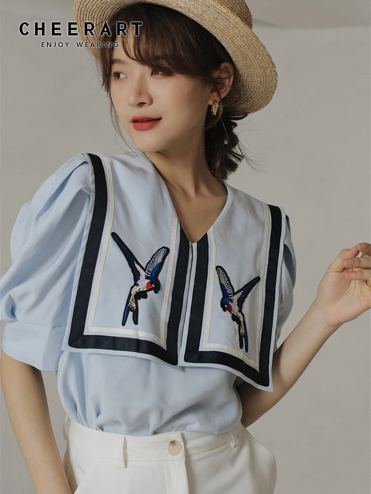 CHEERART Preppy Style Puff Sleeve Bird Embroidery Blouse Women Blue Summer Short Sleeve Sailor Collar Cute Designer Top