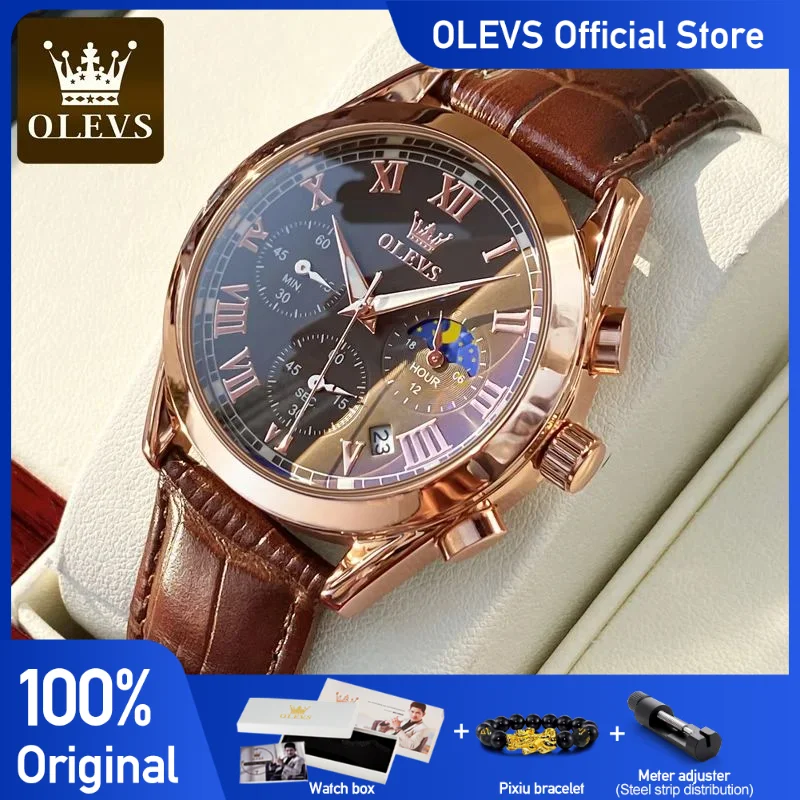 OLEVS Top Brand Men\'s Quartz Watch Noctilucent Business Waterproof Luxury Watch Leather Strap Moon Phase Relogio Masculino