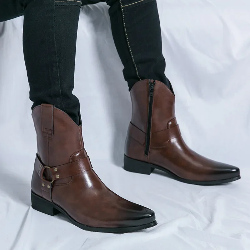 Men's Pointed Side Zipper Comfortable Short Boots Fashionable Men's Denim Boots High Top Boots