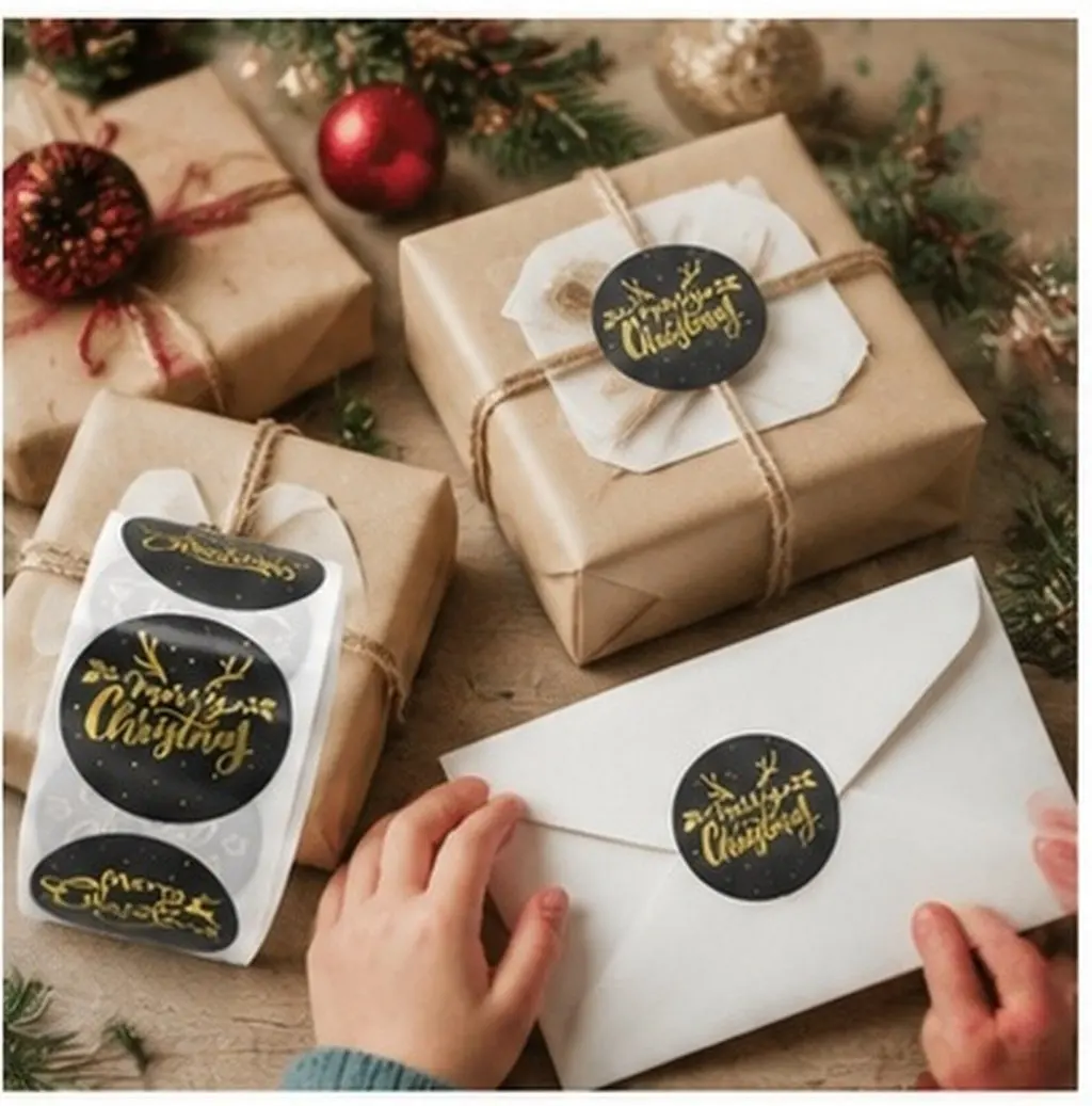 2 Rolls Christmas Gold Packing Bag Seal Stickers Removable No Residue Fun Festive Design for Gift Wrapping Treats Party Favors