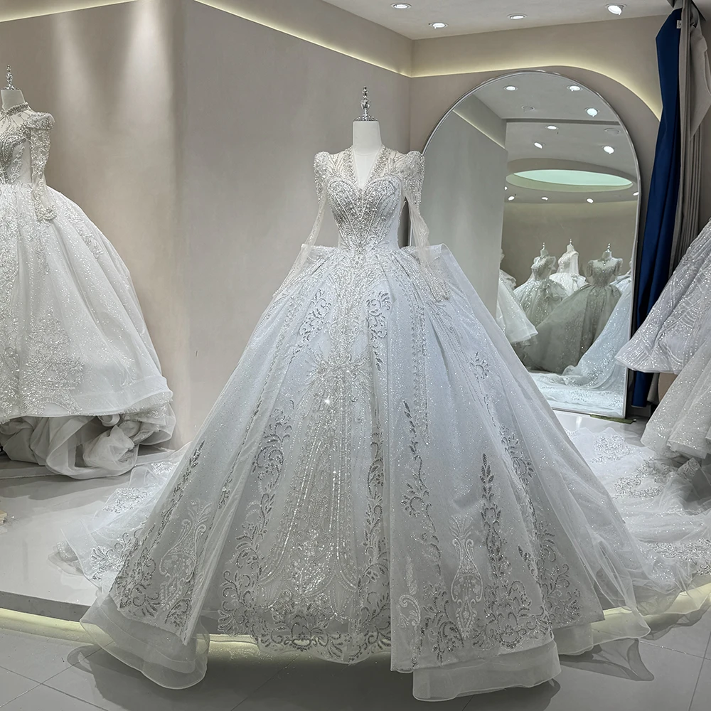 Customized Gorgeous Ball Gown Organza Wedding Dress Vintage Pearls Long Sleeves Women Bridal Gowns With Beaded Vestido de novia