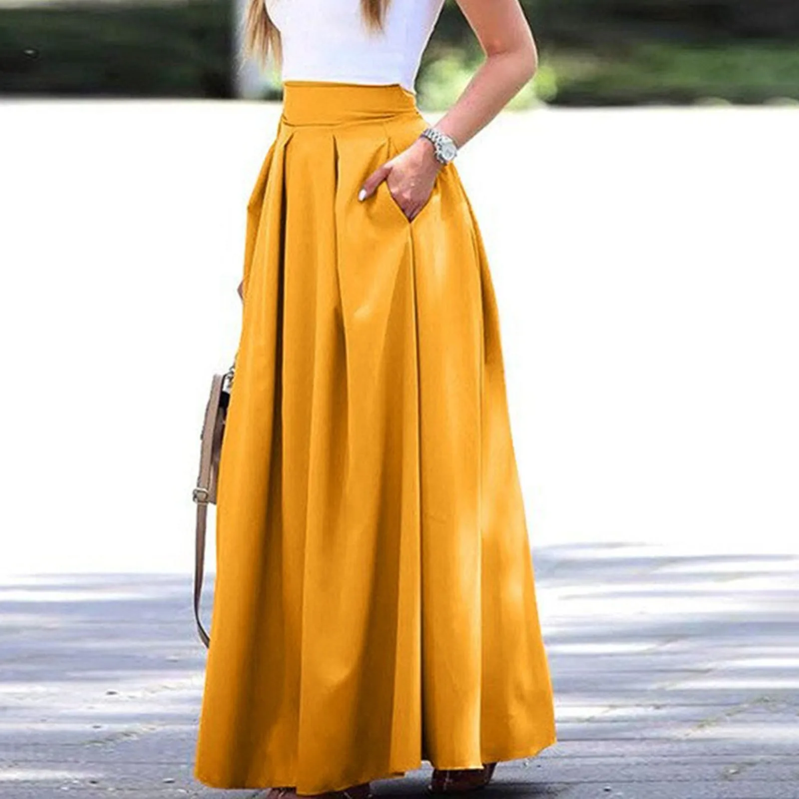 Faldas largas de seda satinada para mujer, vestido holgado de algodón, elegante, con cintura elástica, talla grande