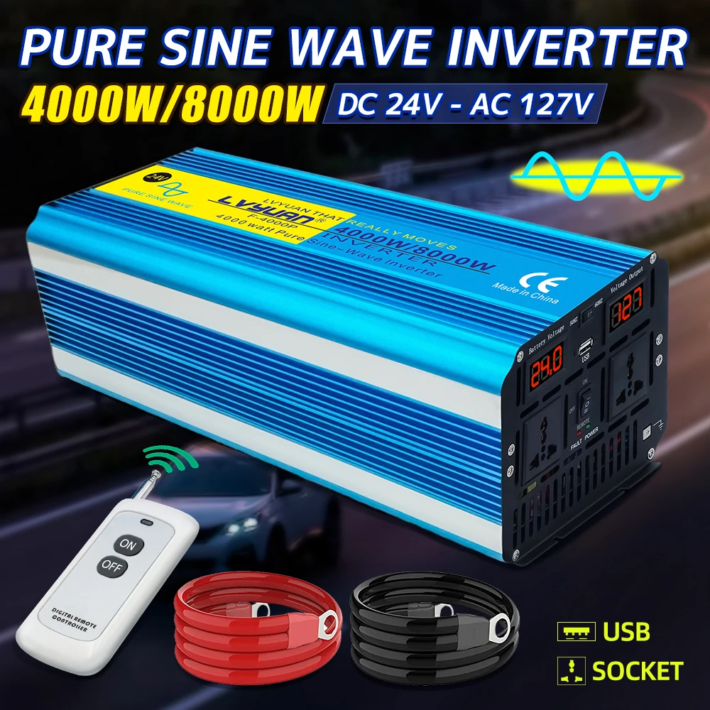 Lvyuan Inverter Pure Sine Wave 12/24/48v 4000/8000w Car Solar Inversor Dual Universal Sockets LED Display Power Inverter