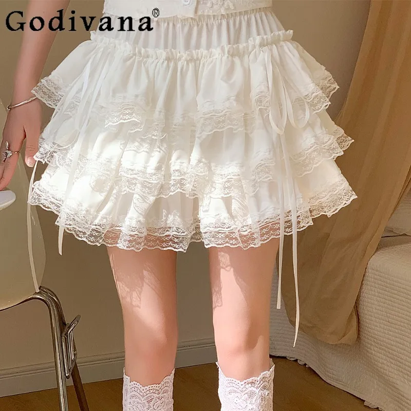 

Sweet White Cake Half Skirt for Women Summer Japanese Style Lace Puffy Skirt Female High Street A Line Short Skirt Buster