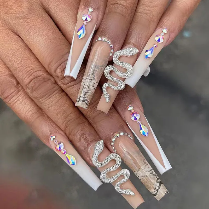 Uñas postizas artificiales, 24 piezas, ataúd largo, bailarina francesa, puntas de uñas postizas portátiles, puntas de uñas terminadas, diseño de flores, piedras de imitación