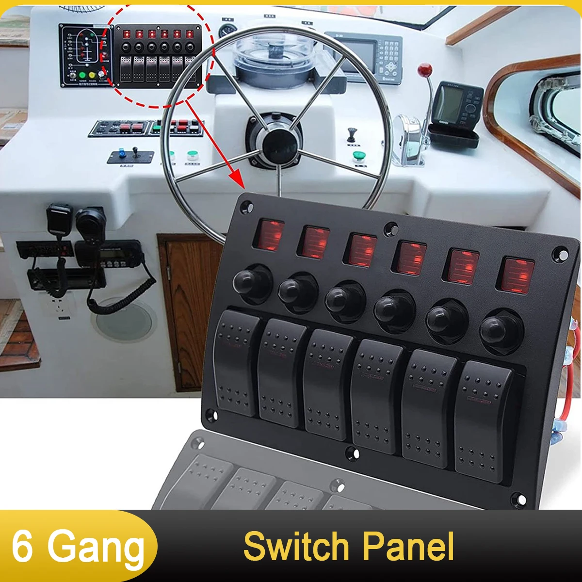 

6 Gang Boat Rocker Switch Panel Marine Switch Panel Waterproof Marine Toggle Switch with Red LED for Car RV Truck Car 12V 24V