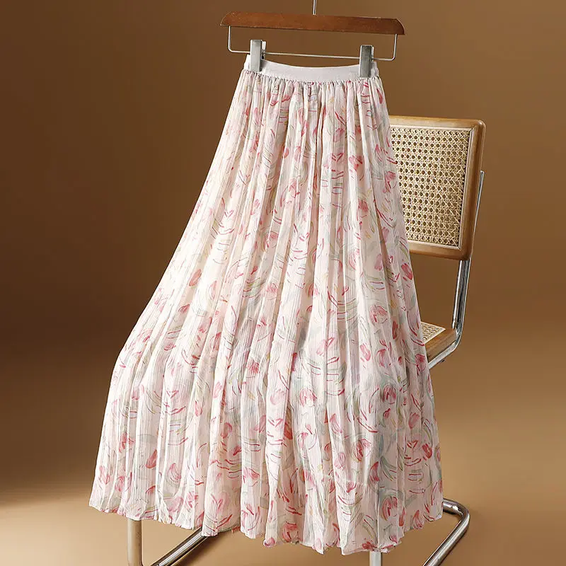 2024 New Women's Temperament Printed Pleated Skirt Oversized Versatile Skirt Elegant High Waisted Mid Length Skirt P794