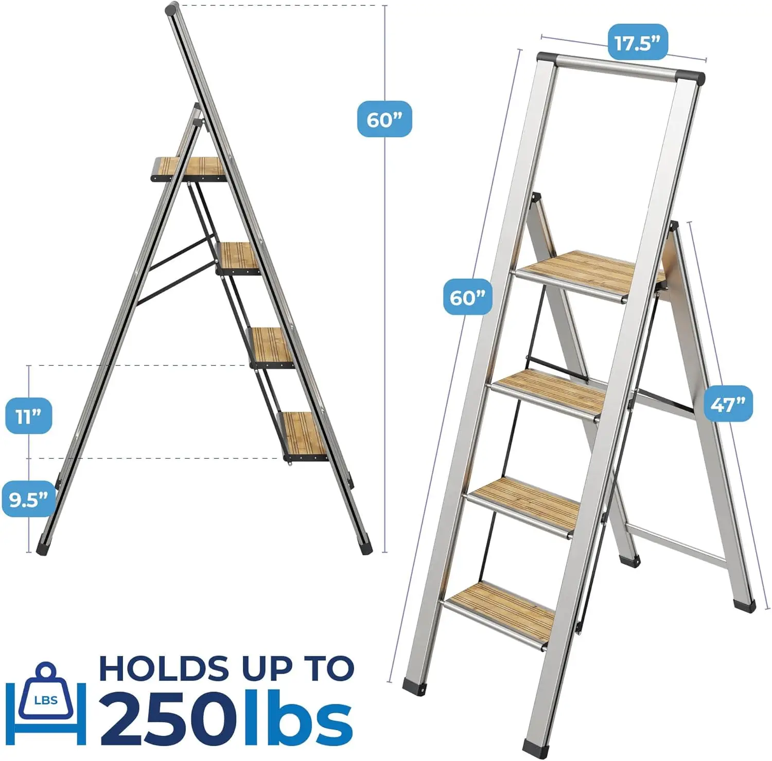 Step Ladder 4 Step Folding, Decorative  Beautiful Bamboo & Silver Aluminum, Ultra Slim Profile, Anti Slip Steps, Sturdy-Portable