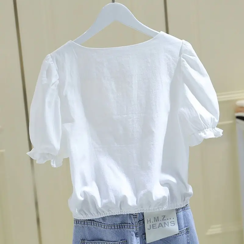 Office Lady Pleated Short Blouse Summer New Short Sleeve All-match Solid Color Fashion Shirt Tops Casual Vintage Women Clothing