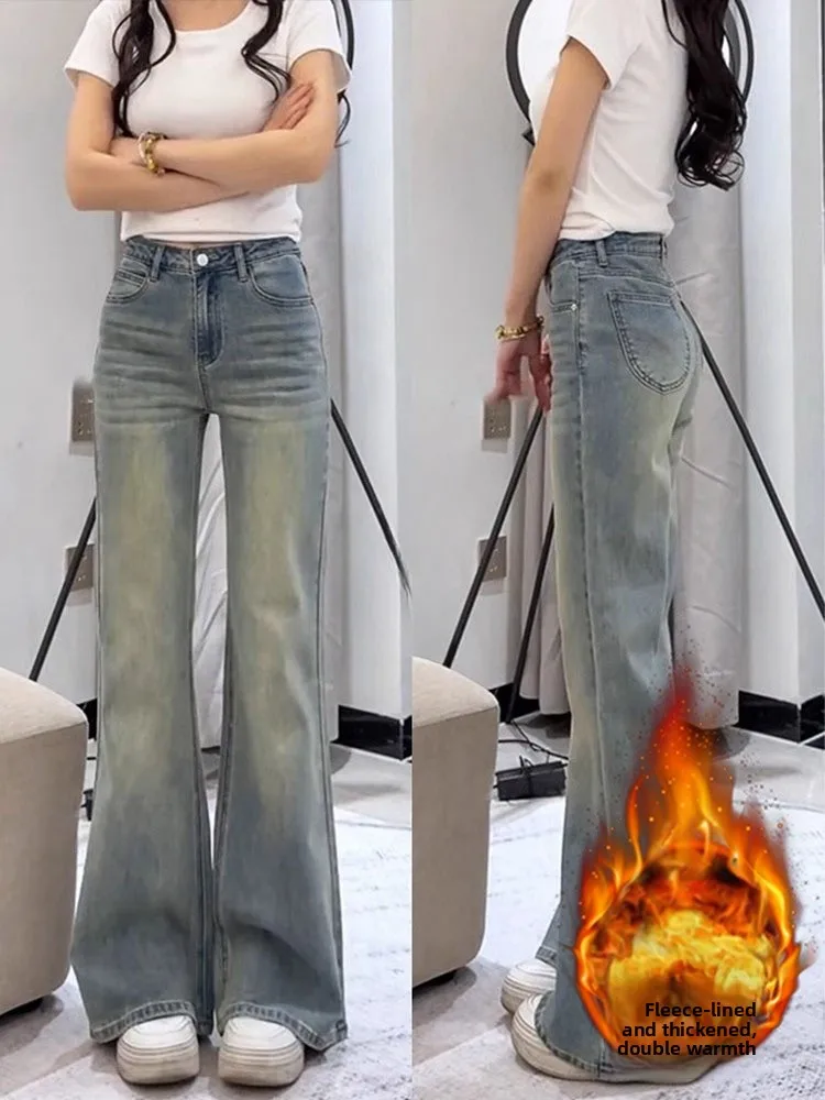 Plus size fce forrado micro queimado jeans feminino outono inverno cintura alta elástica magro perna reta calças casco