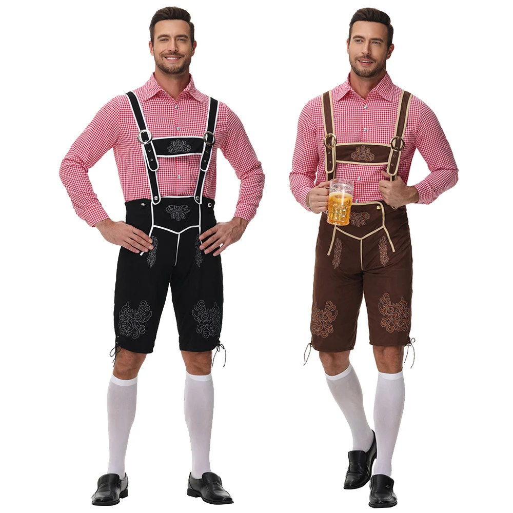 

Men's German Beer Festival Checkered Shirt And Beer Holder Pants Set Traditional Bavarian Clothing Modern Dance Costume